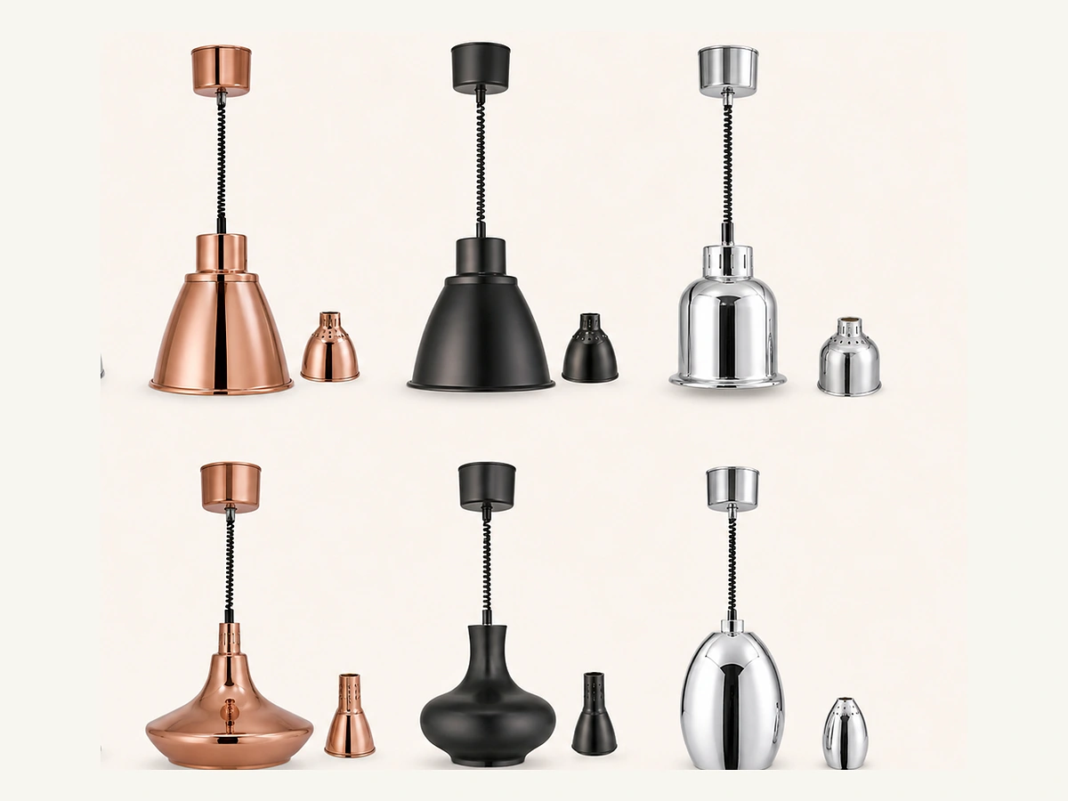Rail-style buffet warming lamps for service counters