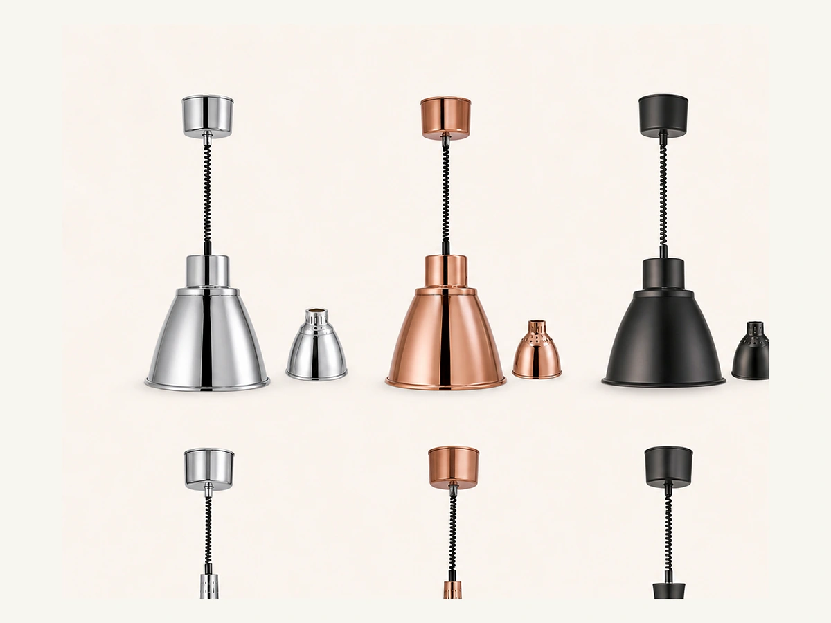 Buffet heat lamp shade options in stainless and copper-look finishes