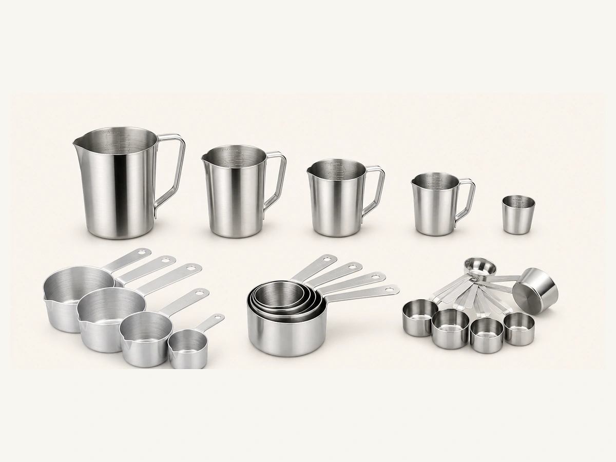 Graduated measuring cup and scoop options in stainless and aluminium