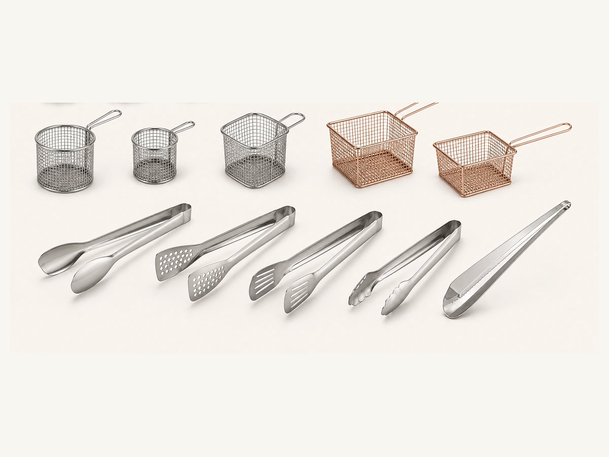 Mesh fry baskets and plated serving basket formats