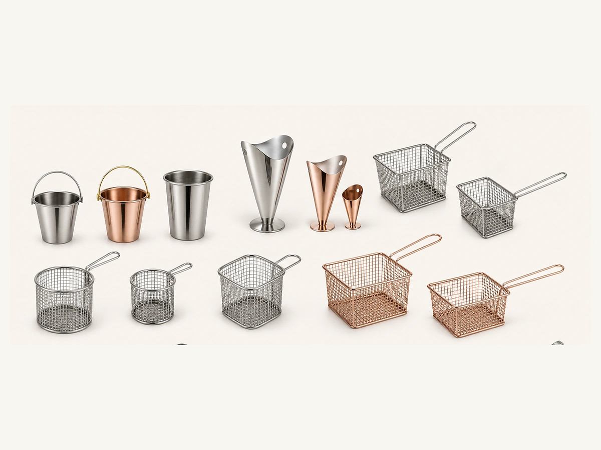 Stainless and plated serving pails and fry cone formats