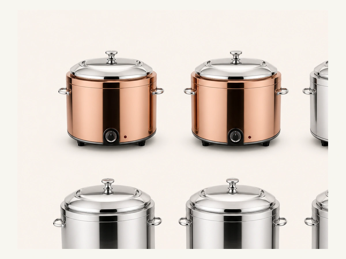 Stainless and copper-look electric soup warmer finish options