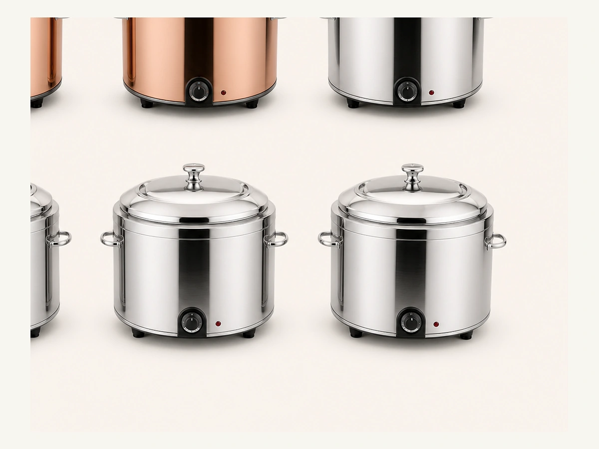 Round stainless soup chafers and electric soup kettle formats