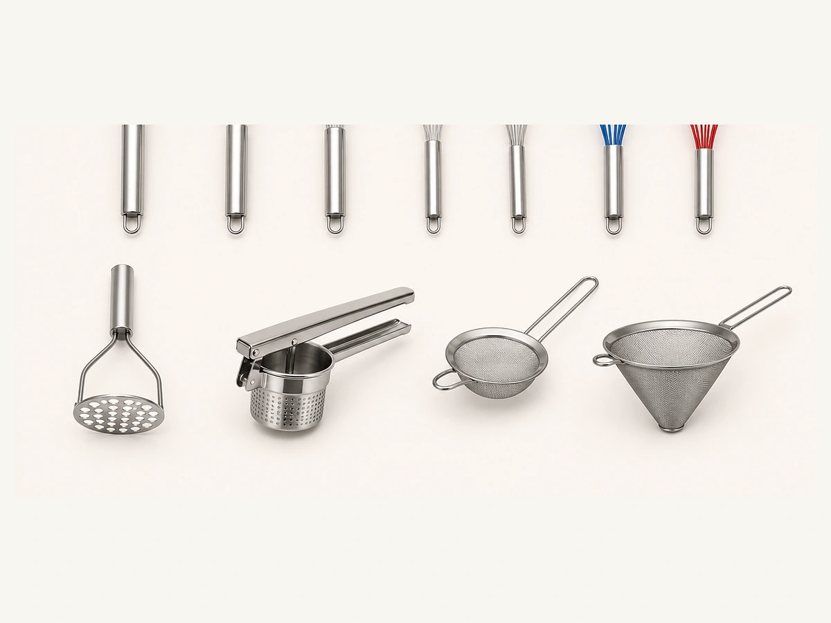 Mashers, ricers, strainers and prep tools for hotel kitchens