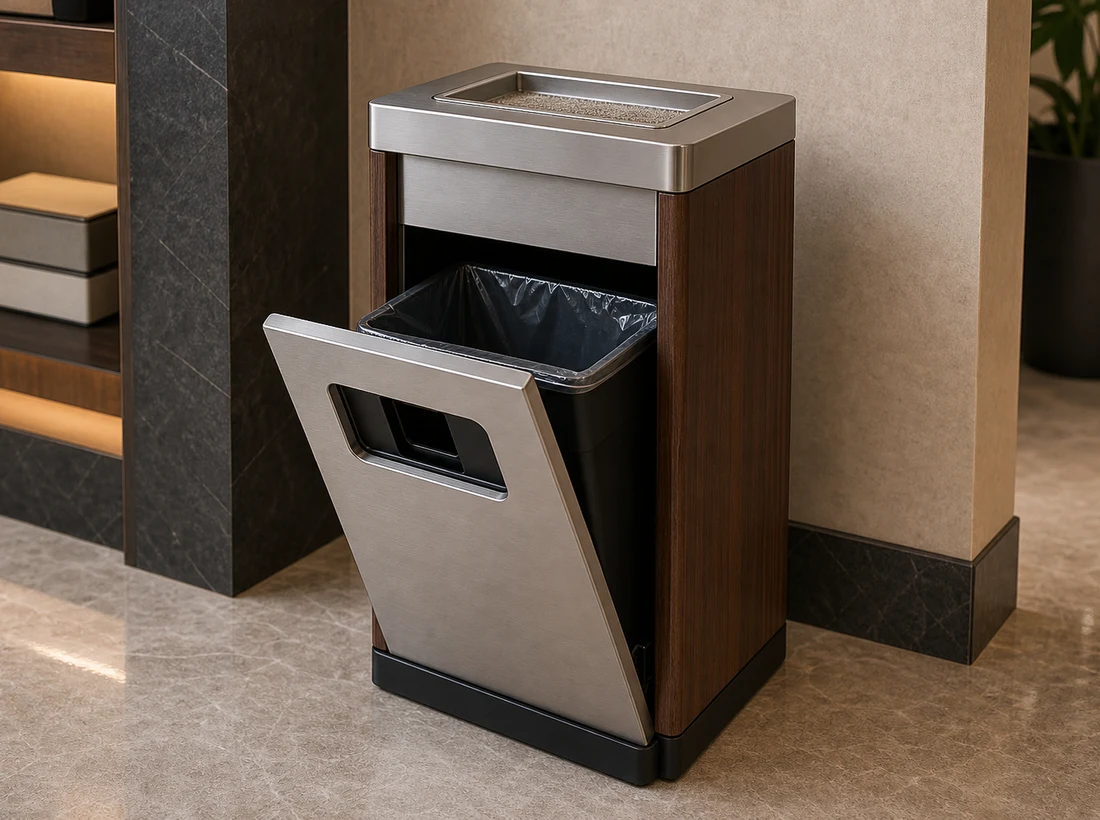 Floor ashtray waste bin with front service door and liner access