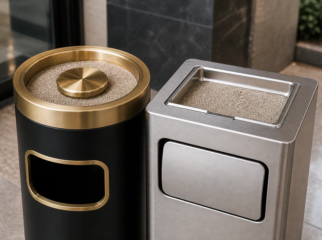 Public-area ashtray bin with top cigarette snuffer detail