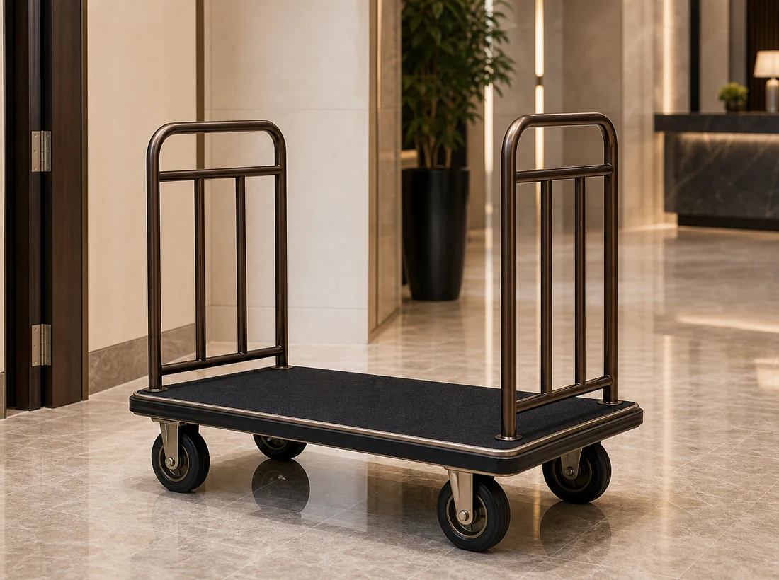Flat platform bellman luggage cart with carpeted deck and side rails