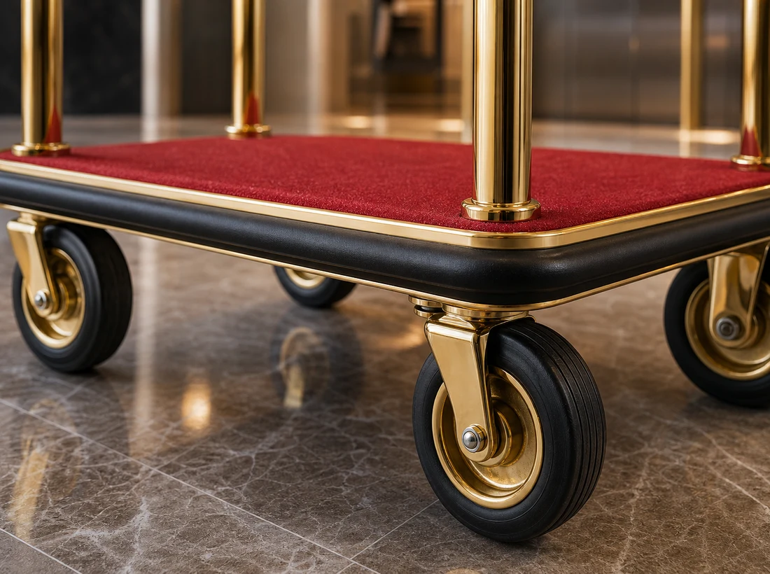 Bellman trolley wheel, deck and plated tube frame detail
