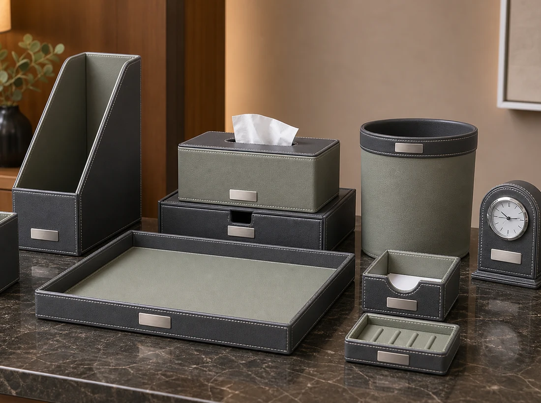 Charcoal and muted sage hotel leatherette desk amenity set with coordinated pieces
