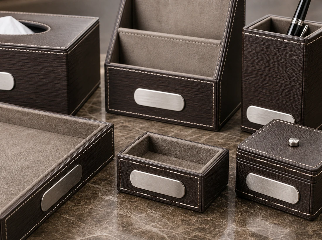 Hotel leatherette desk set with tray, tissue box and amenity holders