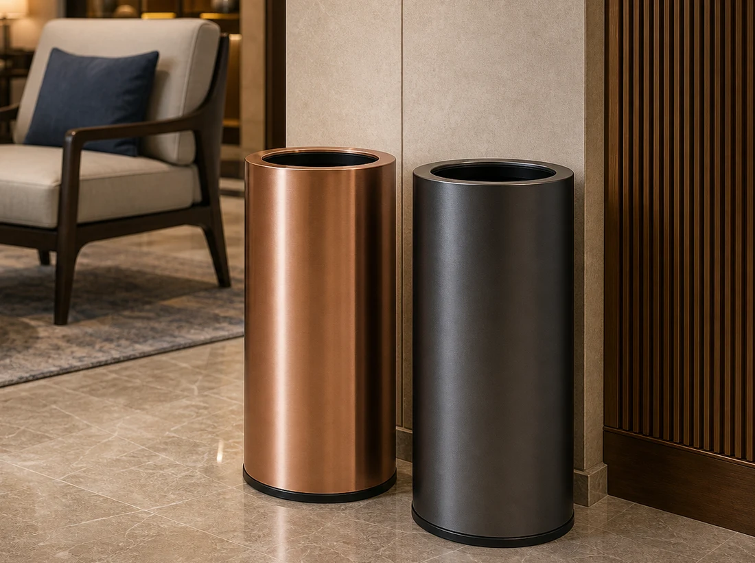 Round metallic hotel lobby bins in gold, silver, black and grey finishes