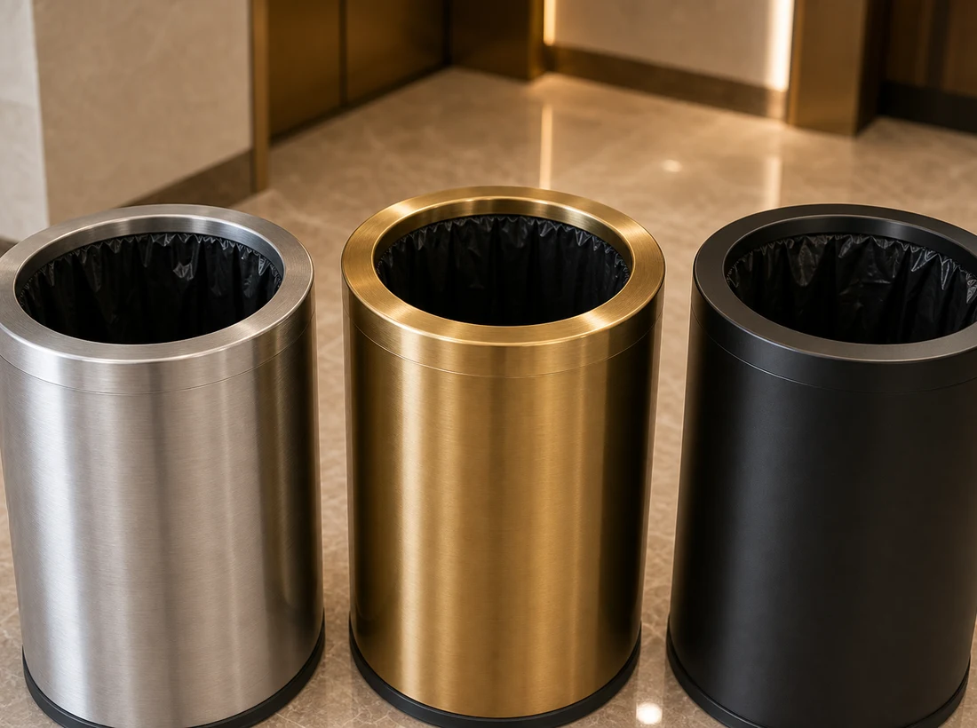 Round metallic hotel lobby bins with open tops and visible liners