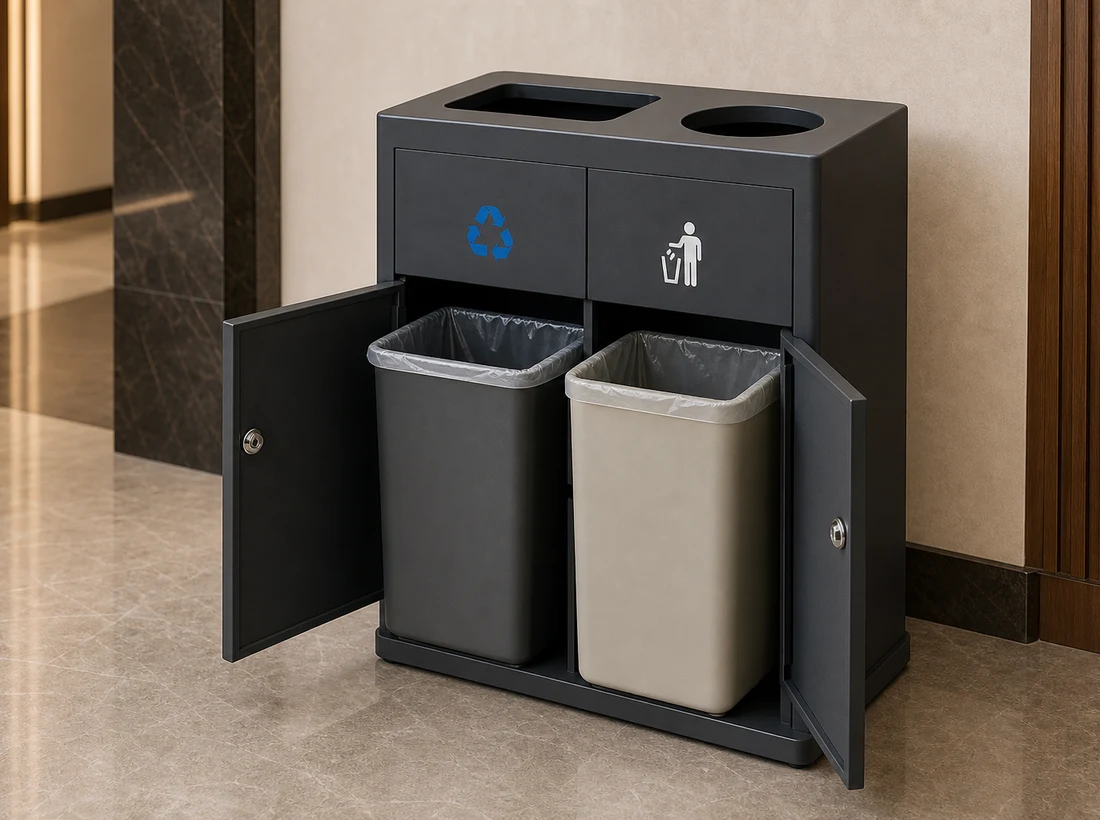 Waste sorting bin with open service door and inner liner access
