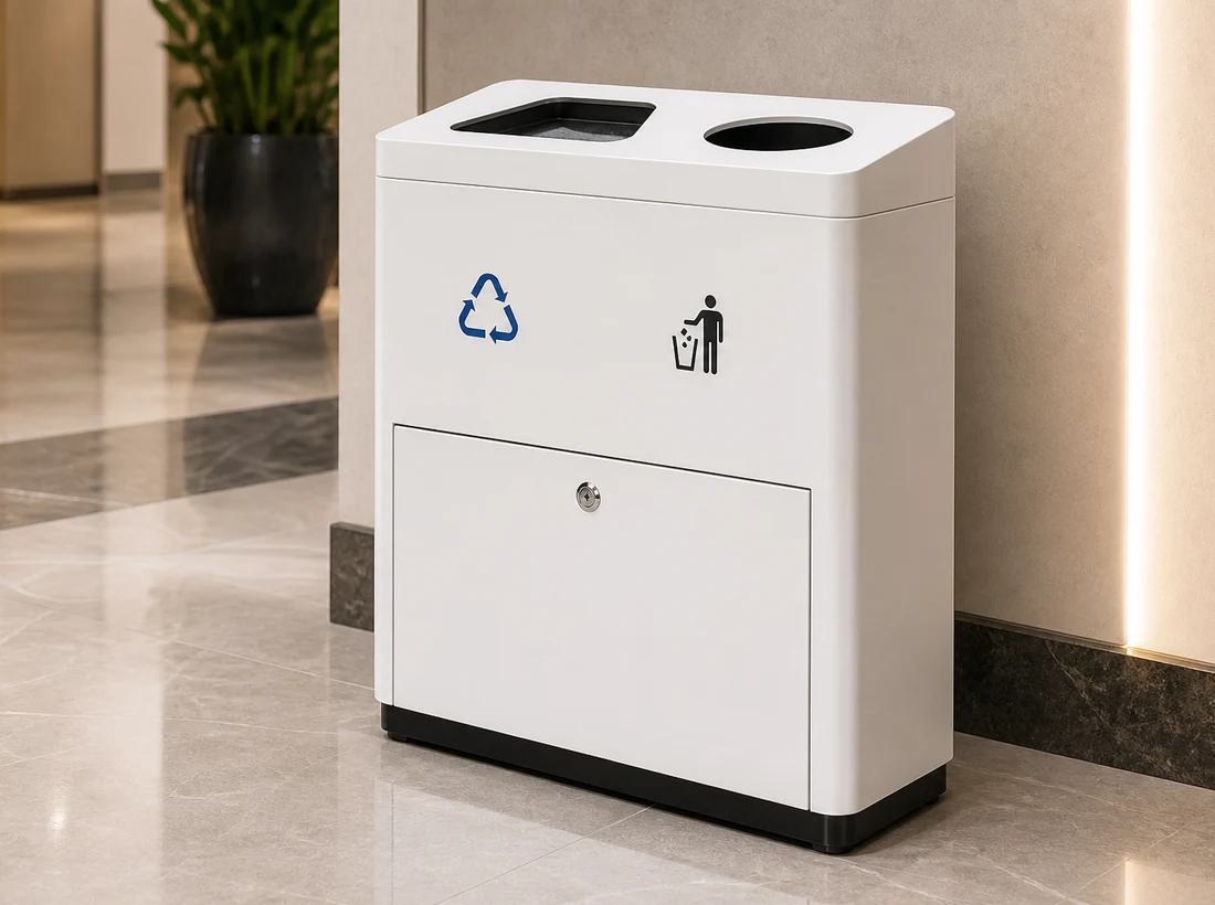 White dual-compartment hotel recycling bin with labelled openings