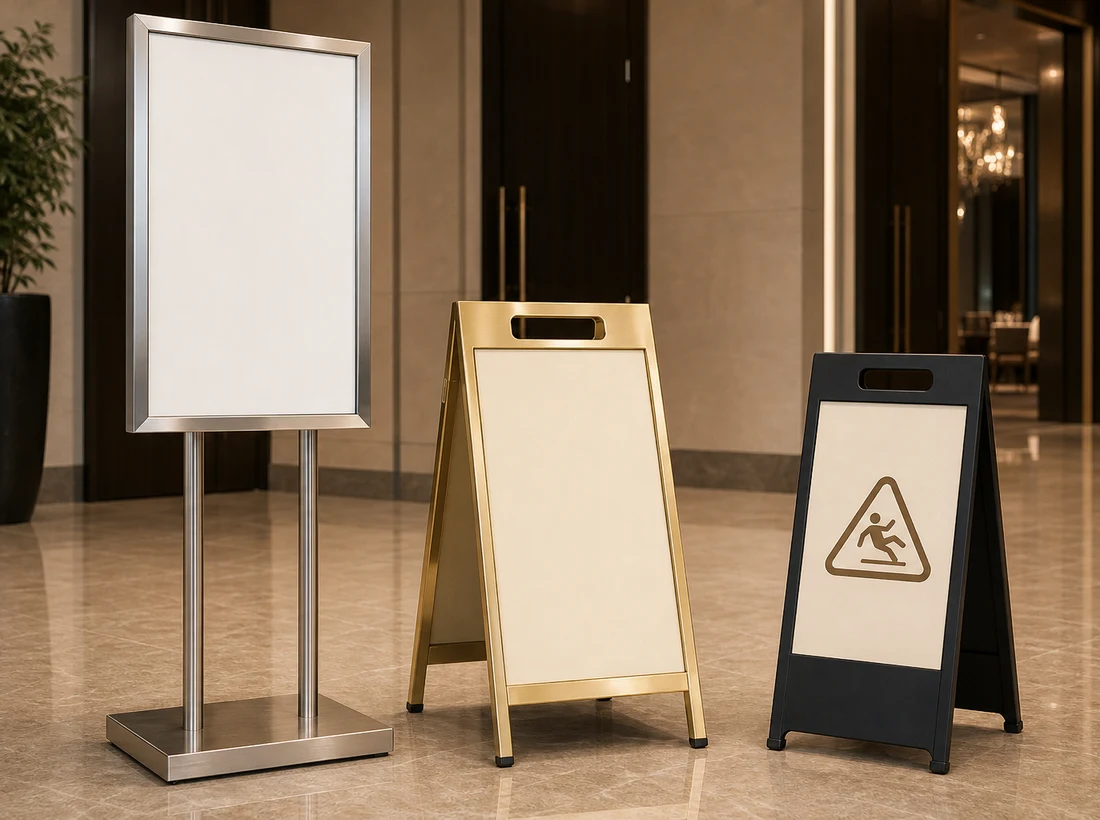 Hotel floor sign stand insert options for parking and caution notices