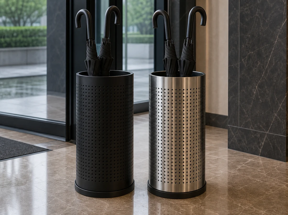 Perforated cylindrical hotel umbrella stand in black finish