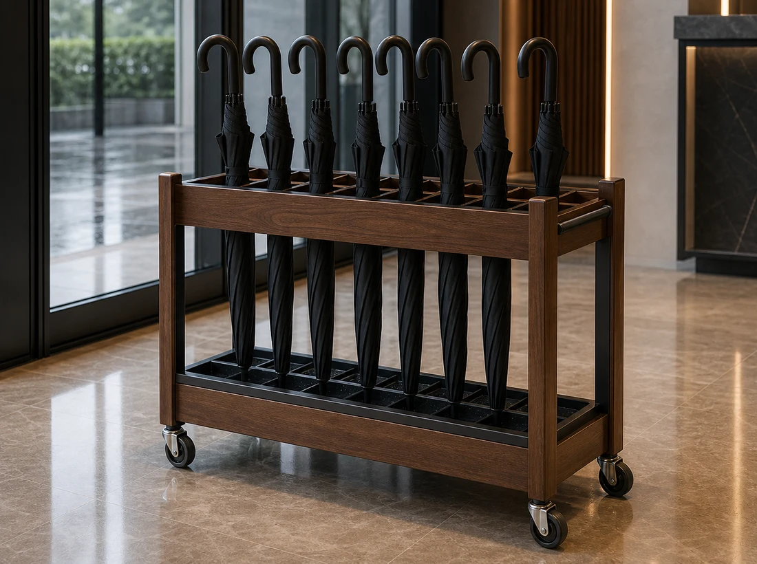 Mobile multi-slot umbrella rack with casters and lower drip tray